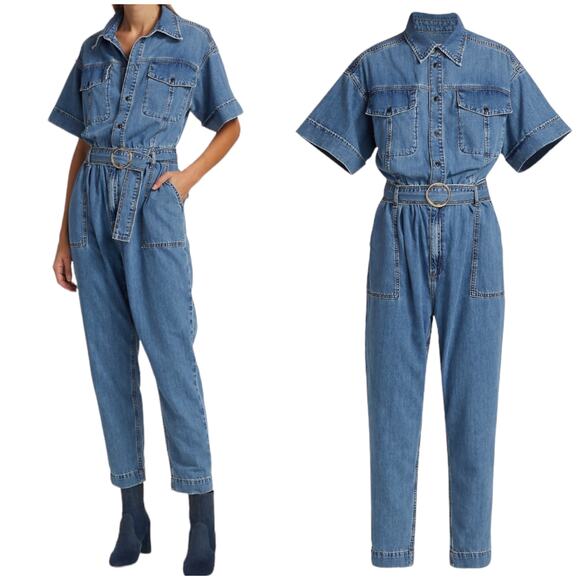 Frame NWT Arie Belted Utilitarian Denim Jumpsuit Size S Patch Pockets Buttons - Picture 2 of 12